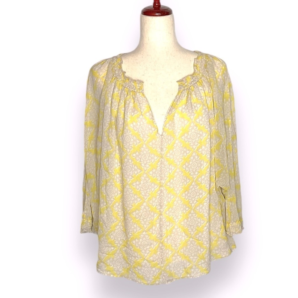 Diane Von Furstenberg Yellow and Cream Patterned Long Sleeve Blouse